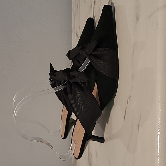 Zara Black Knotted Bow Pointed Toe Slanted Kitten Heels Sandals Shoes Wmns 9 - Picture 2 of 13